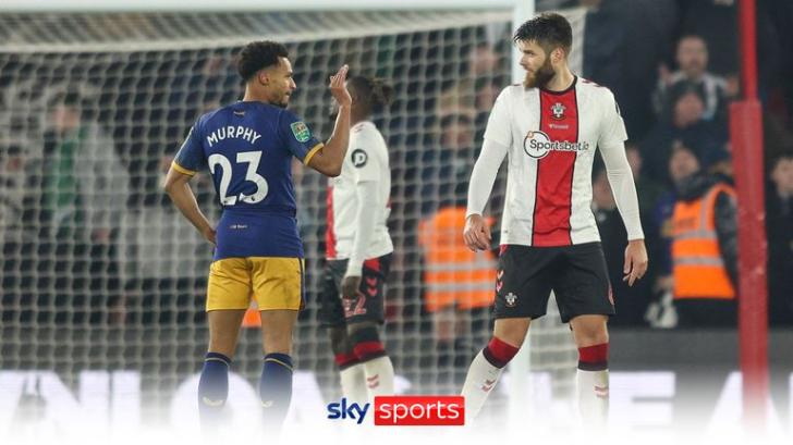 Newcastle's Jacob Murphy sarcastically waves Duje Caleta-Car off the pitch after the Southampton defender was sent off after picking up a second yellow card.