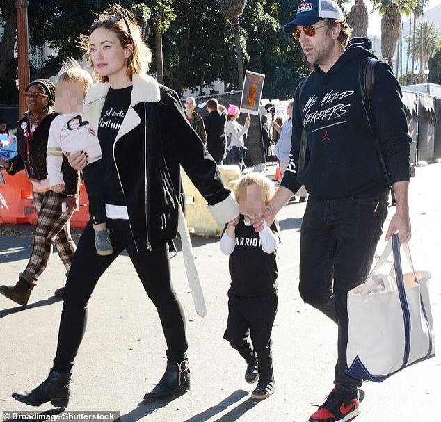 Wilde is said to be unable to accompany Styles on his tour because she needs to stay in Los Angeles with her eight-year-old son Otis and daughter Daisy, six, from her nine-year relationship with US film star Jason Sudeikis (pictured together in 2018)