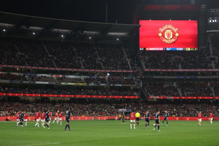 A general view of the MCG with a Manchester United badge displayed on the big screen